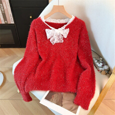 批发<b class='q'>大码</b>高级感红色本命年V领套头毛衣<b class='q'>女</b>秋冬胖mm宽松慵懒针织衫上衣