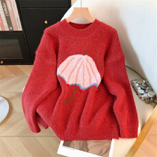 批发韩系卡通雨伞提花红色毛衣套头女宽松秋冬厚款减龄内搭针织衫上衣