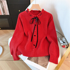 小香风针织开衫毛衣外套女秋冬新款大码胖mm设计感系带蝴蝶结上衣