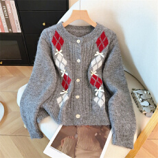 批发巨好看菱格超火长袖<b class='q'>针织</b><b class='q'>开衫</b>女2026春秋新款穿搭女士毛衣外搭上衣