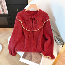 批发十三行2025冬装新款法式温柔<b class='q'>荷叶边</b>系带针织衫女宽松<b class='q'>毛衣</b>长袖上衣