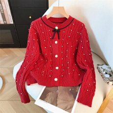 批发小香风蝴蝶结麻花<b class='q'>针织</b><b class='q'>开衫</b>外套女秋冬高级设计感白色甜美气质毛衣