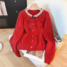 批发2026新款春秋红色洋气蕾丝领系带蝴蝶结钉珠<b class='q'>针织</b><b class='q'>开衫</b>外套女毛衣
