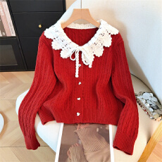 批发法式娃娃领长袖<b class='q'>针织</b>衫女冬季款系带蝴蝶结<b class='q'>开衫</b>慵懒显瘦毛衣短外套