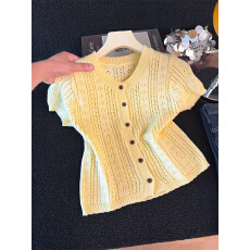 批发小众绝美法式针织衫上衣女夏季镂空短款设计感小清新减龄别致小衫