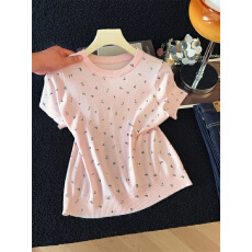 批发O MI早春韩系温柔小清新碎花短袖针织衫宽松显瘦休闲减龄上衣女装