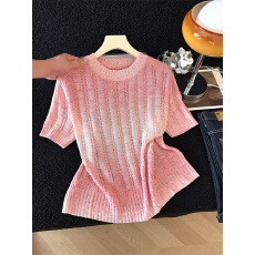 批发<b class='q'>甜美</b>渐变色条纹短袖针织衫女2026夏季新款独特重工亮片上衣薄