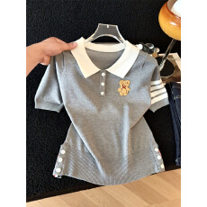 夏季新款短袖针织衫冰丝Polo领上衣卡通小熊刺绣t恤学院风潮