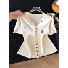 批发夏季薄款冰丝针织短袖衫女装夏装2026新款复古刺绣V领显瘦上衣服