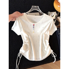 批发多巴胺彩色扣子钉珠修身针织衫2026夏季新款韩版时尚短袖上衣