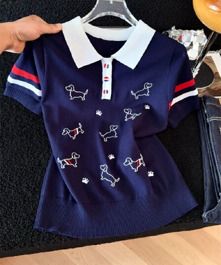 학원 스타일 얼음 실크 이상 강아지 자수 니트 스웨터 여성 몸매 가꾸기 다용도 POLO 칼라 반팔 맨위