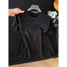 批发亮闪闪时尚满天星烫钻针织短袖女圆领显瘦百搭打底显瘦气质上衣潮