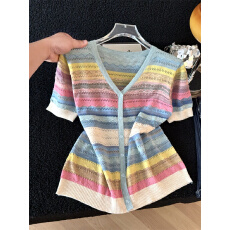 批发彩色条纹镂空V领针织<b class='q'>短袖</b><b class='q'>T</b><b class='q'>恤</b>女2026夏装新款洋气减龄宽松小衫上衣