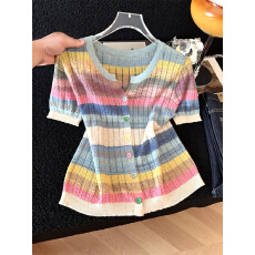 批发夏天女装新款时尚V领彩虹条纹短袖针织开衫<b class='q'>外套女</b>洋气薄款上衣潮