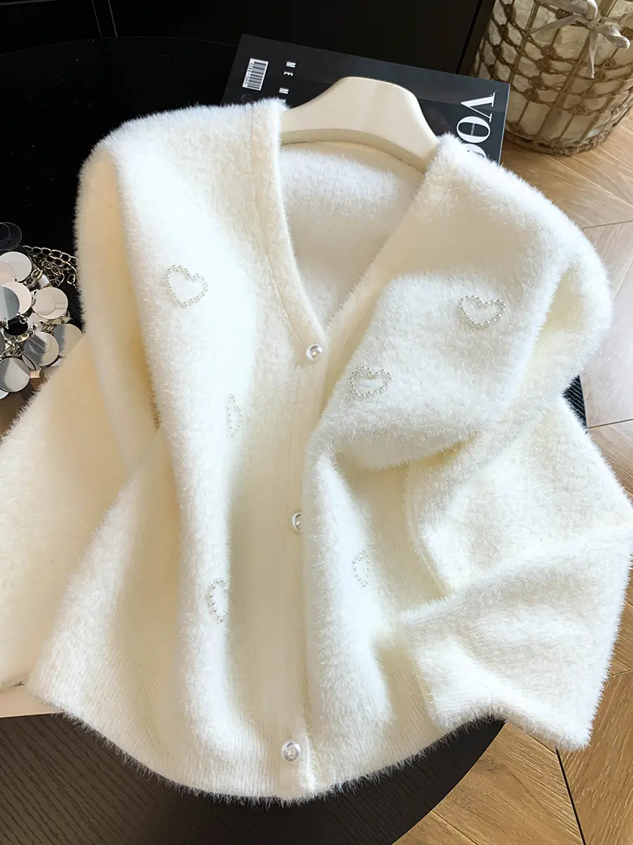 프랑스풍 V넥 진주 장식 가디건 상세 이미지 8