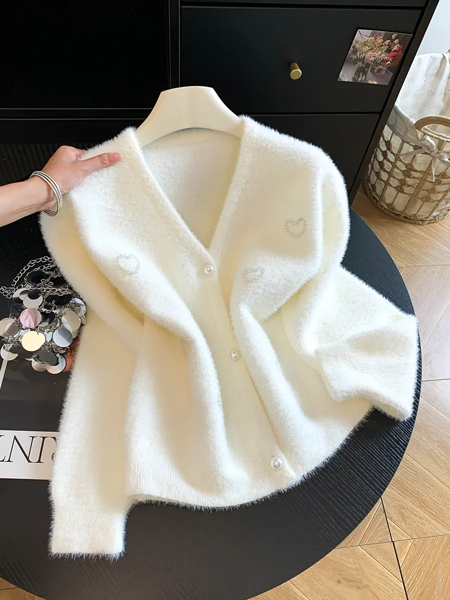 프랑스풍 V넥 진주 장식 가디건 상세 이미지 9