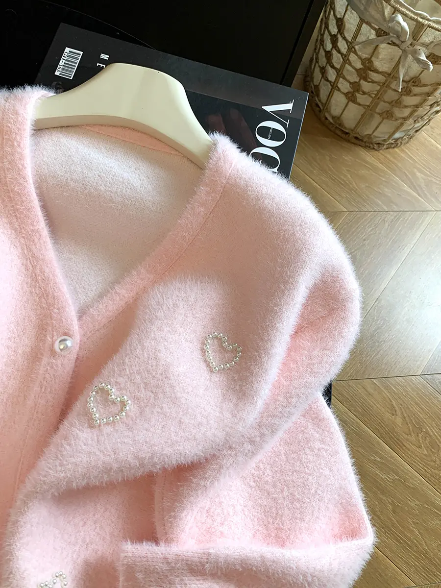 프랑스풍 V넥 진주 장식 가디건 상세 이미지 12