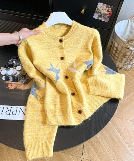 오각형 별 자카드 라운드 넥 니트 오픈 가디건 여성 가을 한 부서 루즈핏 느긋한 바람 부드러운 찹쌀 배색 스웨터 코트