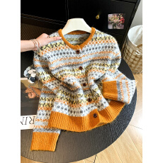 批发韩系复古费尔岛毛衣外套女新款加厚宽松针织开衫高级感软糯上衣