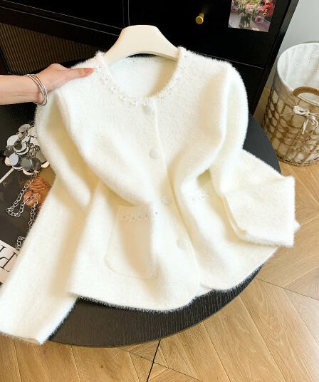프랑스식 작은 샤넬 스타일 모방 밍크 플리스 스웨터 오픈 가디건 여성 가을 겨울 고급 센스 따뜻한 부드럽다 찹쌀 털이 많은 니트 재킷