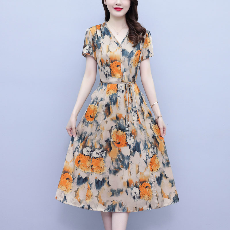 RY211# 真丝桑蚕丝连衣裙女夏2026新款香云纱洋气质遮肚显瘦妈妈碎花裙子