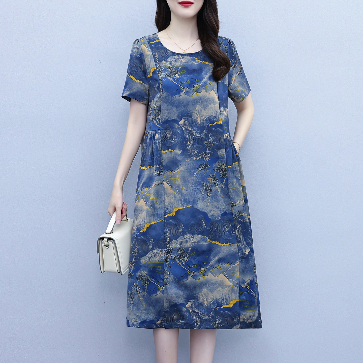 RY209# 时尚气质显瘦遮肉真丝桑蚕丝连衣裙女夏季新款中长款高级感妈妈裙