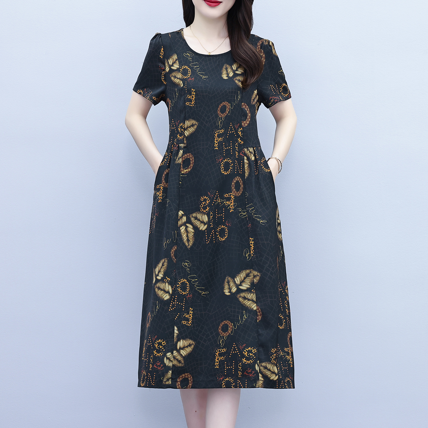 RY207# 品牌妈妈真丝桑蚕丝连衣裙2026新款女夏季大码遮肚显瘦中老年裙子