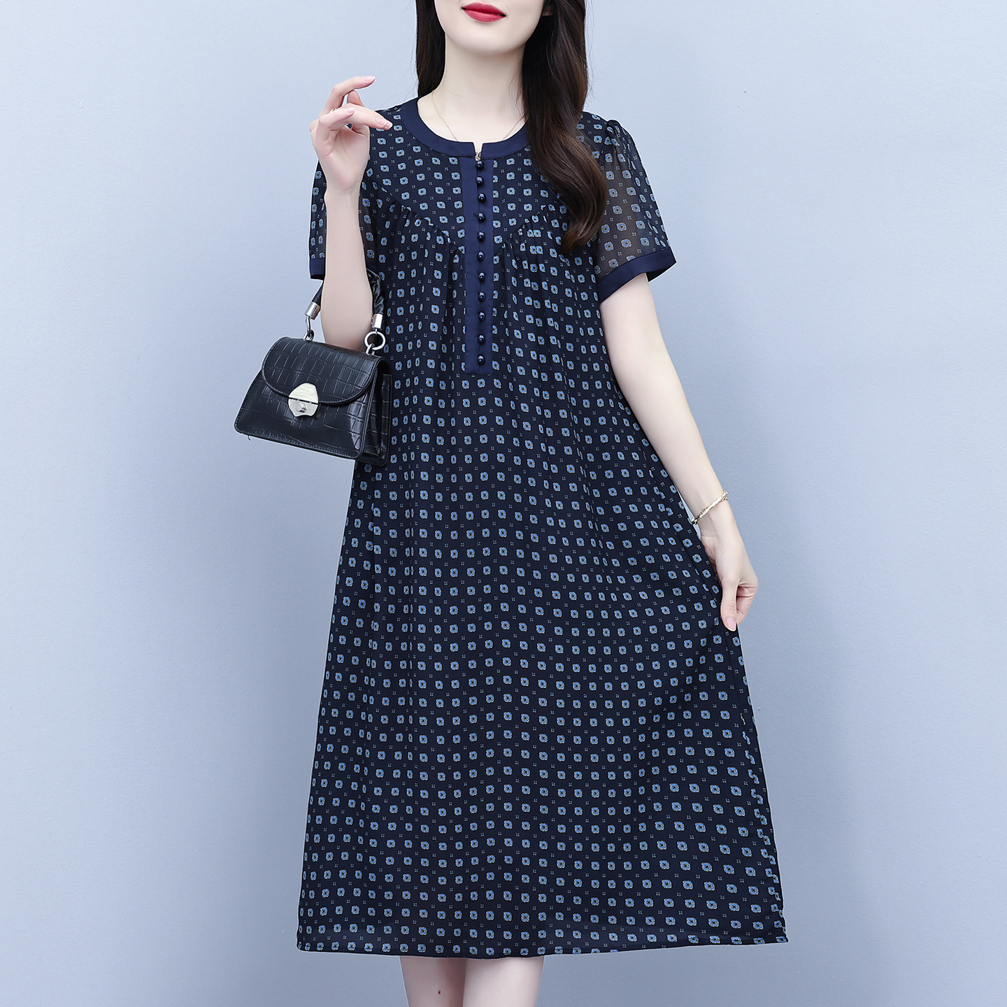 RY1897# 真丝桑蚕丝连衣裙女夏季新款高端大气遮肚子显瘦大码中年妈妈裙子