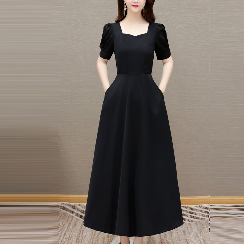 RY1906# 真丝连衣裙女2026夏季新款高端小个子气质遮肚显瘦赫本风黑色长裙