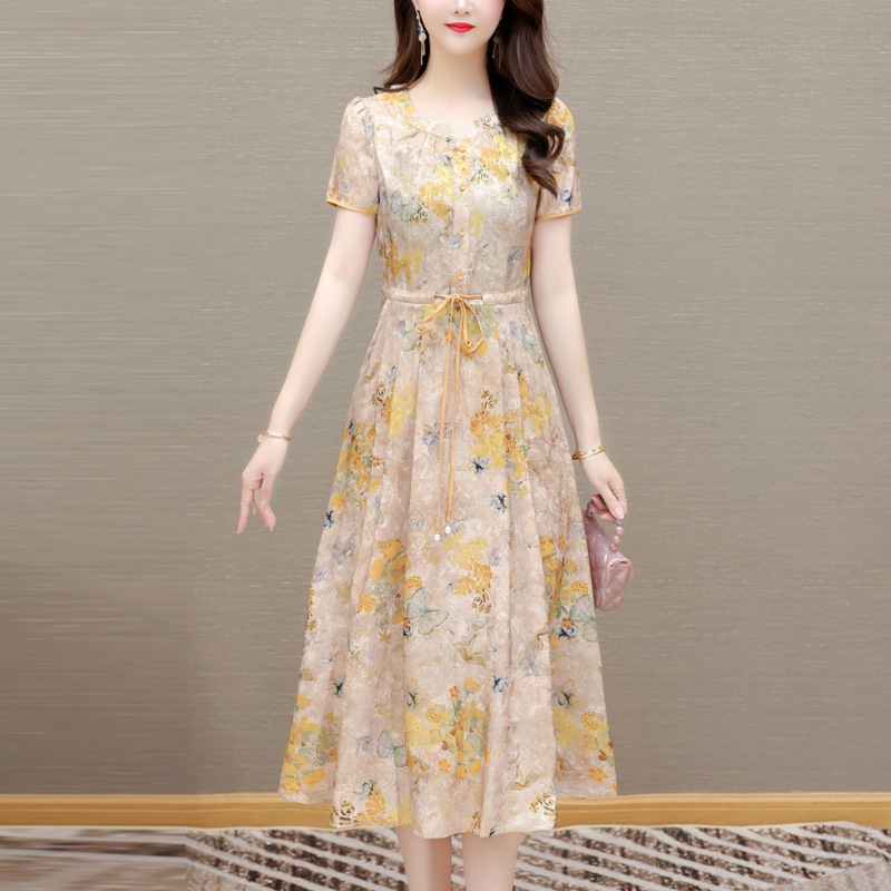 RY1905# 真丝桑蚕丝连衣裙女夏季新款香云纱高端气质遮肉显瘦妈妈印花裙子