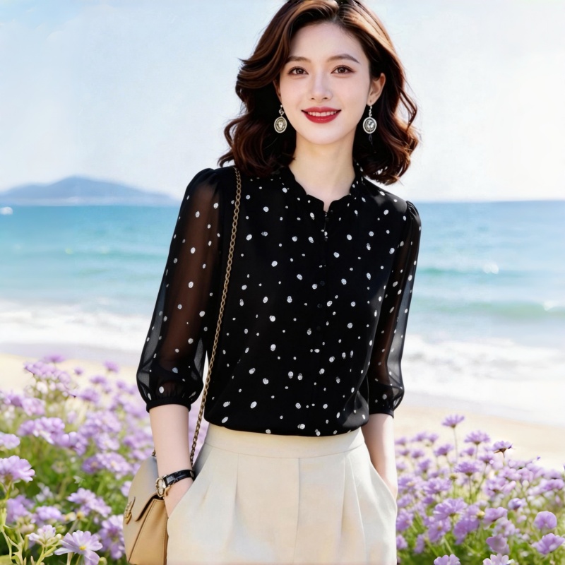 BY35107# 女士时尚减龄七分袖印花气质真丝桑蚕丝长袖真丝波点衬衫小衫 服裝批發女裝批發服飾貨源