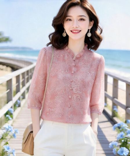 고급 폭발 실크 셔츠 여성 7부 소매 여름 새로운 프린트 작은 셔츠 품격 엄마 뽕나무 누에 실크 맨위