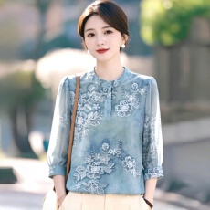 批发时尚洋气印花七分袖<b class='q'>真丝</b><b class='q'>衬衫</b>夏季新款宽松显瘦妈妈桑蚕丝上衣小衫
