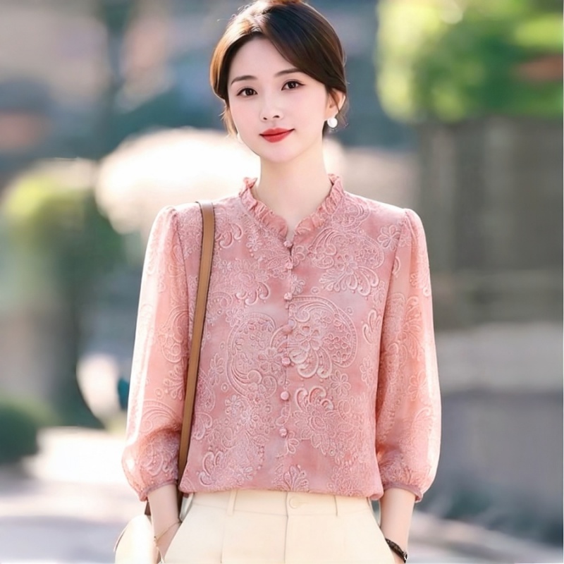 고급 실크 여성 7부 소매 여성 셔츠 여름 새로운 작은 셔츠 품격 외국 가스 다용도 루즈핏 엄마 맨위