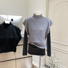 批发by1171叠穿chic<b class='q'>短袖</b>马甲100羊毛半高领无缝一体休闲针织<b class='q'>上衣</b>女新