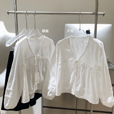 批发蘑糯糯 同款V领花边乖巧娃娃衫白色长袖<b class='q'>衬衫</b>韩版上衣