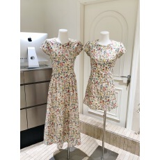 批发neurcz 莫奈花信 短袖碎花<b class='q'>纯棉</b><b class='q'>连衣裙</b>女春夏圆领长短款修身收腰裙