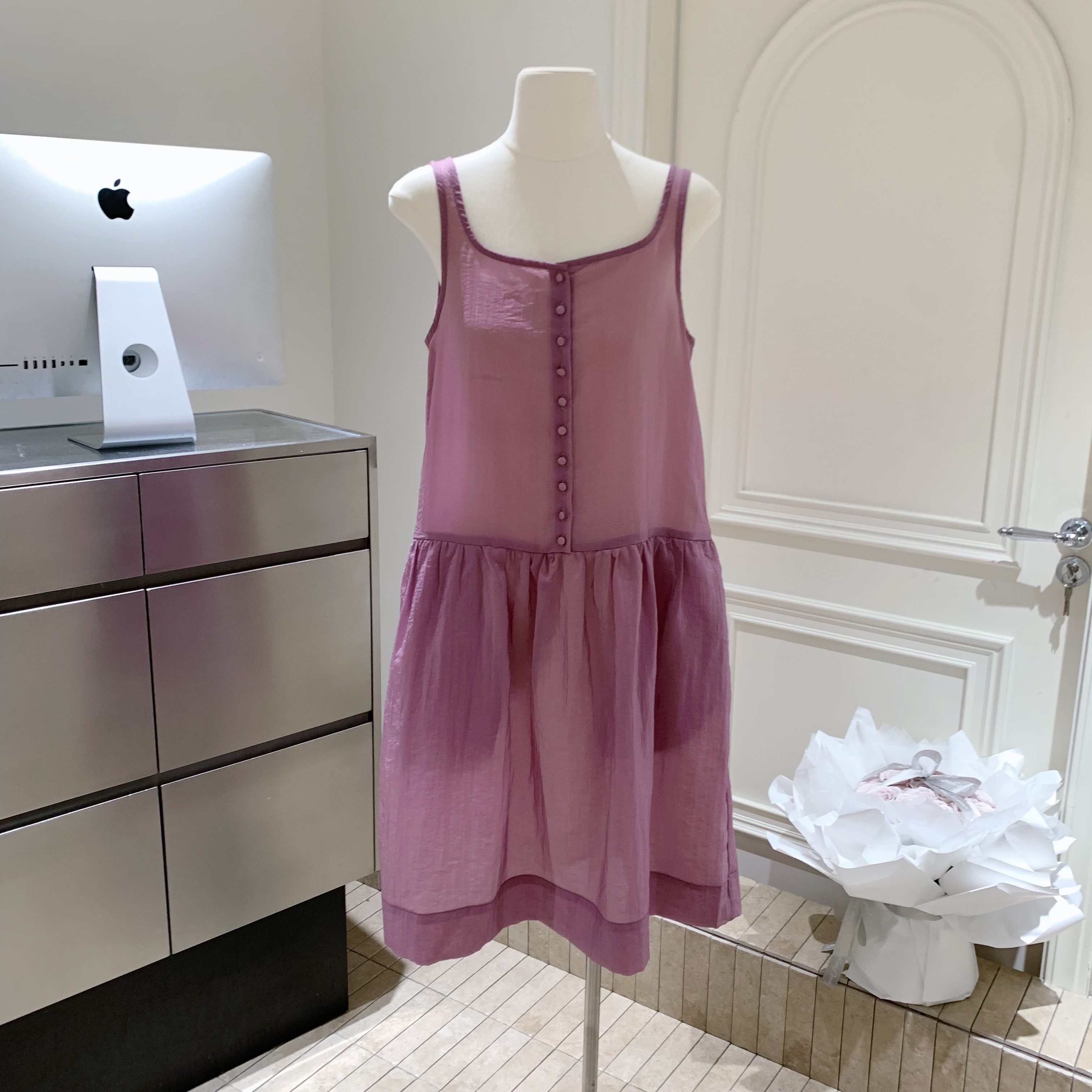 포도 나무 자매 같은 단락 한 부서 스택 착용 Tulle 광장 칼라 단추 슬립 여성 드레스 봄 여름 멜빵 길다 치마