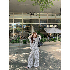 批发实拍实价 lazy老钱调極简几何印花<b class='q'>衬衫</b>套<b class='q'>装</b> 不费力松弛