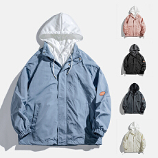 批发潮女夹克外套时尚假两件针织连帽夹克港风情侣上衣嘻哈宽松版