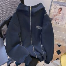 批发秋冬新款明线重工设计感刺绣连帽<b class='q'>卫衣</b>女<b class='q'>潮牌</b>情侣宽松连帽外套