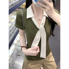 批发实拍短袖t恤女装夏季新款潮修身显瘦波点领巾撞色POLO领上衣