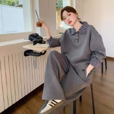 批发时尚减龄女士条纹拼接假两件卫衣<b class='q'>套装</b>秋季新款韩系<b class='q'>休闲</b>运动两件套