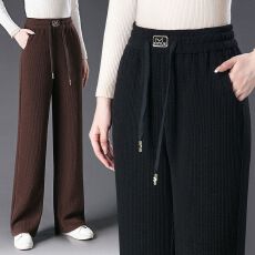 批发欧棉绒复合北极绒阔腿直筒裤春秋季松紧腰<b class='q'>女裤</b>冬款显瘦加绒休闲裤