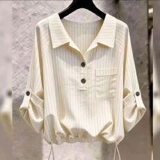批发法式高级感条纹翻领衬衫上衣春<b class='q'>秋</b>潮流设计感抽绳长袖韩版上衣小衫