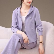 批发曼巴棉洋气<b class='q'>运动服</b>女春秋薄款休闲减龄两件套显瘦连帽卫衣开衫套装