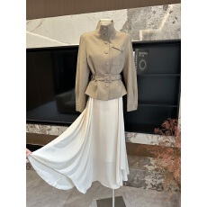 批发老钱风立领磨砂感气质短风衣收腰外套不规则长半身裙套装