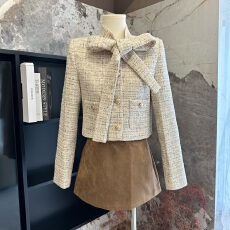 批发邱肉瑶 世纪千金 法式复古蝴蝶结小香风外套女粗花呢羊毛短外套