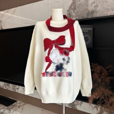 批发韩系甜美复古撞色拼接卡通蝴蝶结套头百搭毛衣