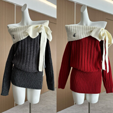 批发一字肩蝴蝶结厚款连衣裙氛围感针织长袖毛衣